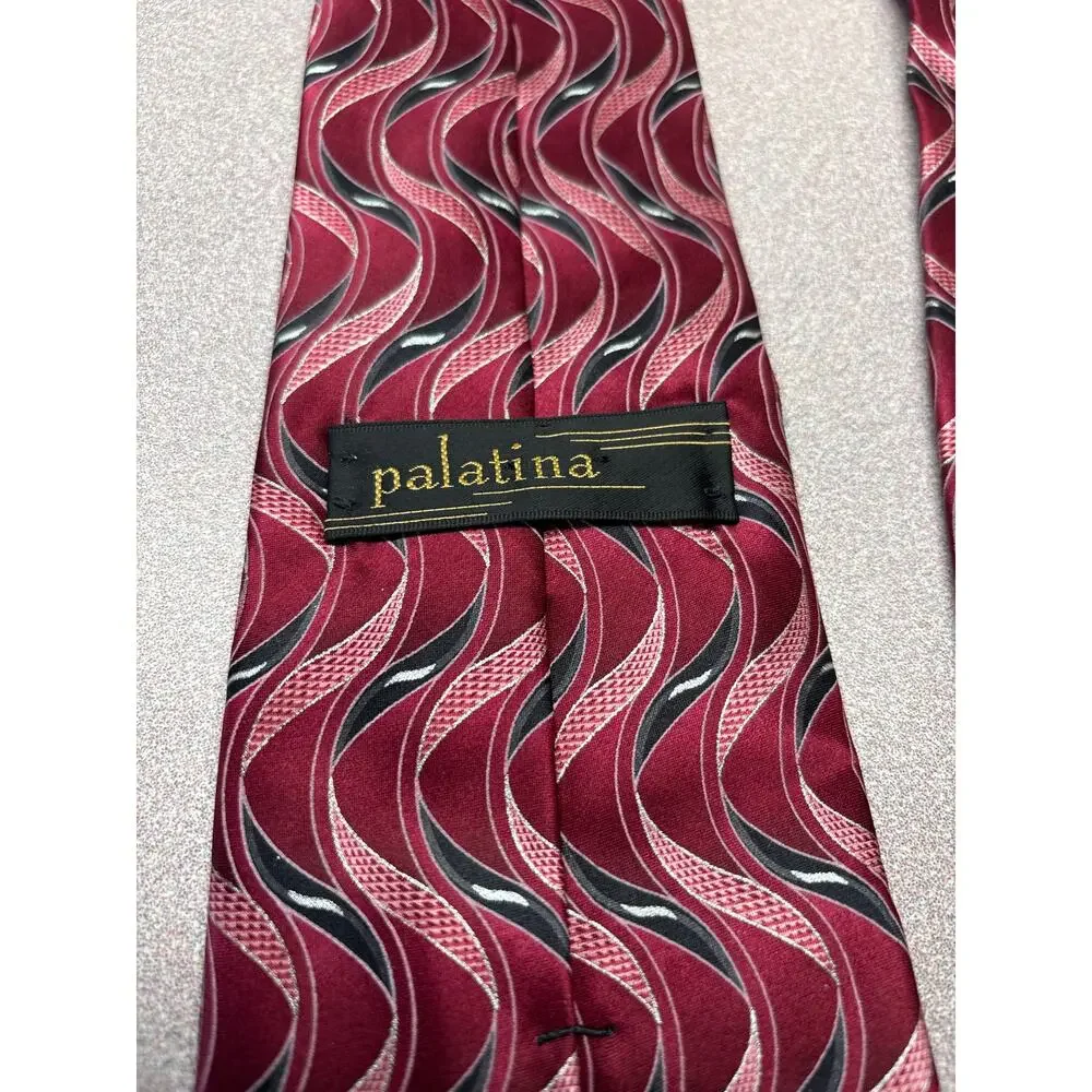 Palatina Red Black Silver 100% Silk Tie Abstract Pattern